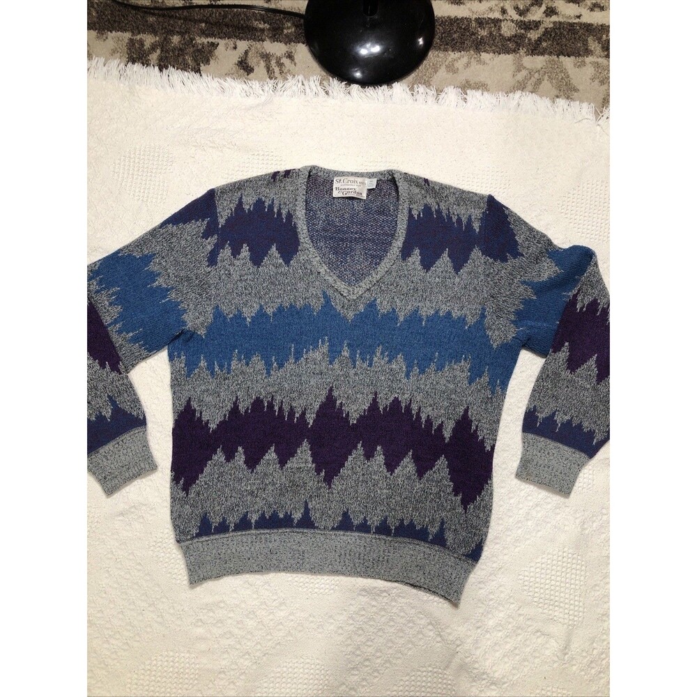 Vtg St Croix Sweater Men Med Wool/ Mohair  Blend  Abstract Art V Neck 80s 90’s
